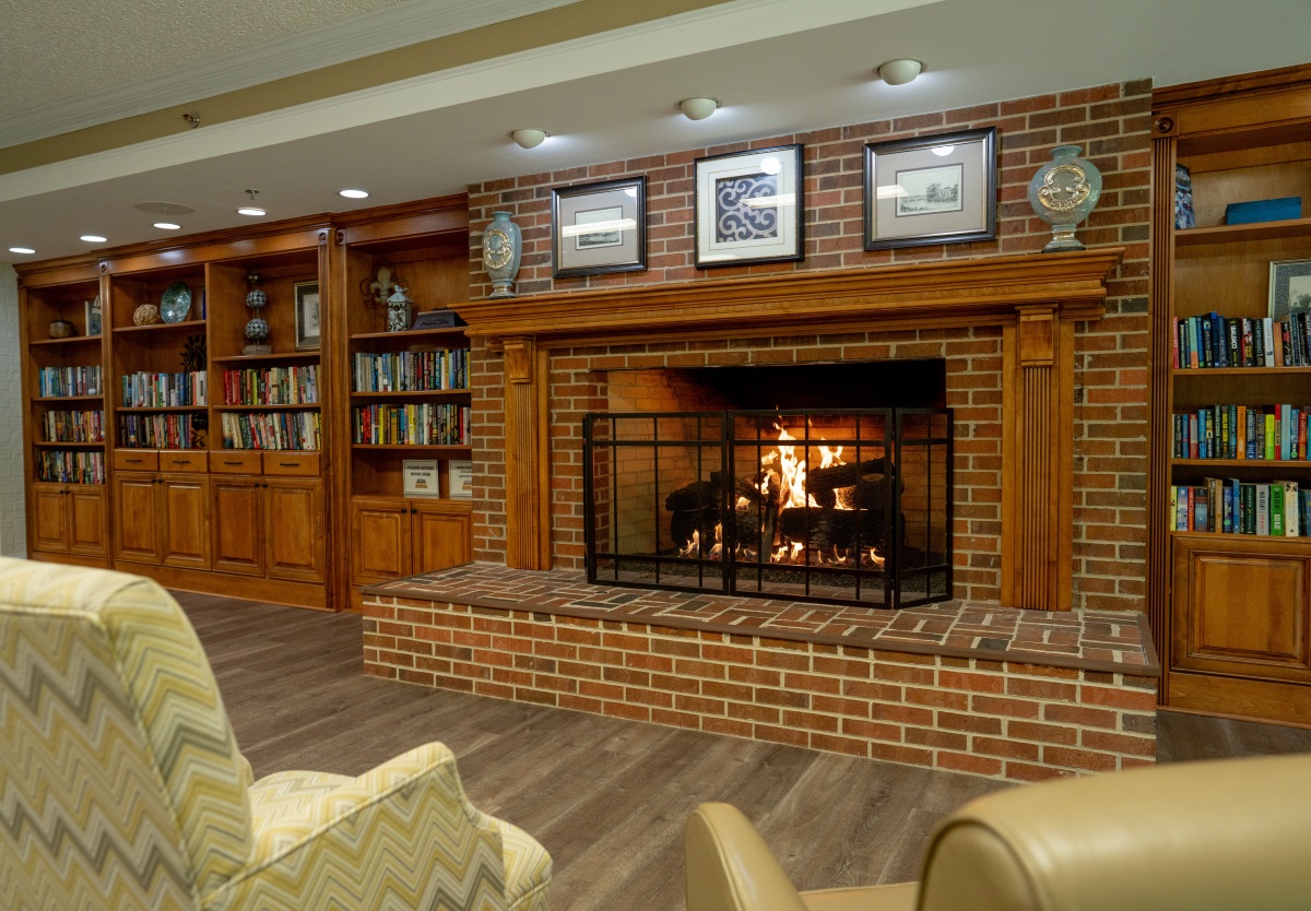 fireplace lounge and library